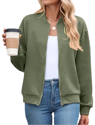 PANOZON Mujer Chaqueta de Manga Larga Casual Bomber Chaqueta de Béisbol Cremallera Ligera Transición,Verde 2XL