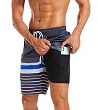 difficort Mens Swim Trunks with Compression Liner Quick Dry Bathing Suits Shorts with Zipper Pockets