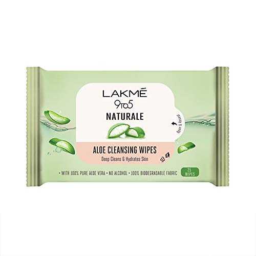 Image of LAKME 9To5 Natural Aloe Cleansing Wipes With Aloe Vera & Glycerine,Alcohol Free,Removes Oil & Dirt,Moisturizes Skin,Biodegradable Fabric,25 Wipes & Lakme Blush & Glow Strawberry Sheet Mask,25 Ml