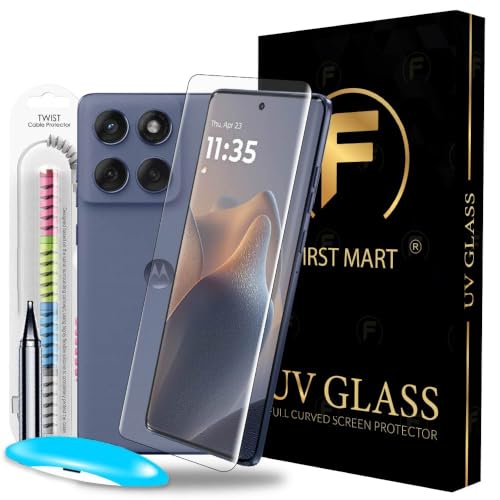 Image of FIRST MART UV Tempered Glass for Motorola Edge 60 Fusion with Cable Protector - 9H Full-Glue Curved Screen Guard, Fingerprint Compatible, HD Clear, Bubble-Free | Crystal Clear