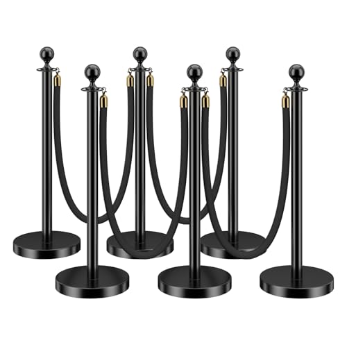 Image of LOVMOR 6PCS Stanchion Post, Crowd Control Barriers, 5 ft Black Velvet Rope Red Carpet Ropes and Poles, Stainless Steel Gold Stanchions Used for Theaters, Parties, Wedding, Exhibition