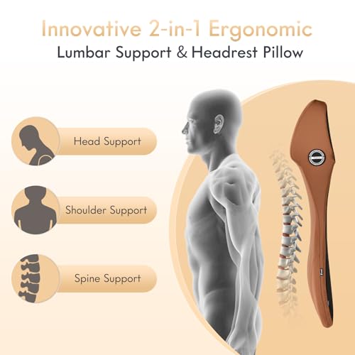Image of FLORICH Car Seat Lumbar Support with Headrest Pillow Memory Foam Car Lumbar Pillow Back Support Cushion 2-in-1 Ergonomic Back Rest Pillow & Car Neck Pillow for Driving Tailbone Pain Relief, Brown