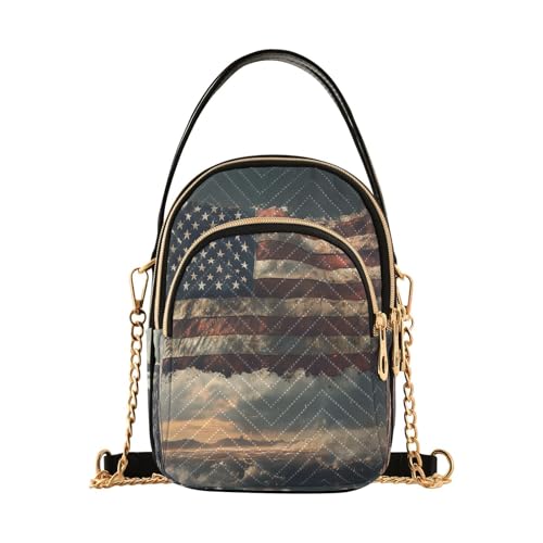 ALAZA Chain Crossbody Bags for Women American Flag Vintage Style Quilted Shoulder Crossbody Handbags Travel Cross Body Cell Phone Purses Bags