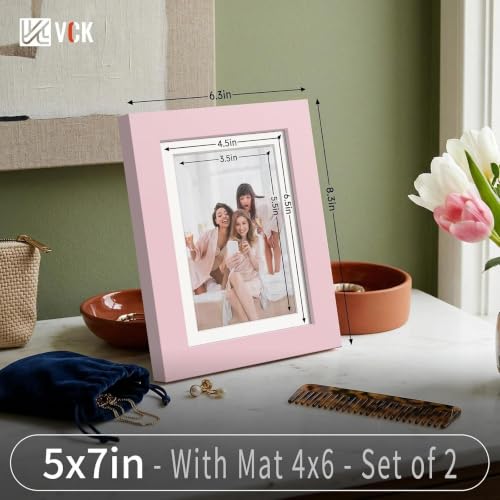 Image of VCK 5x7 Picture Frame 2 Pack, Pink Wood, 4x6 Mat, Glass, for Photo Print