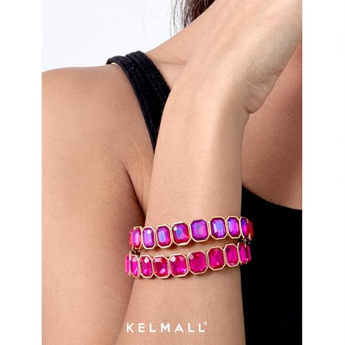 KELMALL 14K Gold Plated Stretch Bracelet for Women – Pink Rhinestone Elastic Bangle – Hypoallergenic Statement Jewelry for Daily Wear, Parties and Gifts3