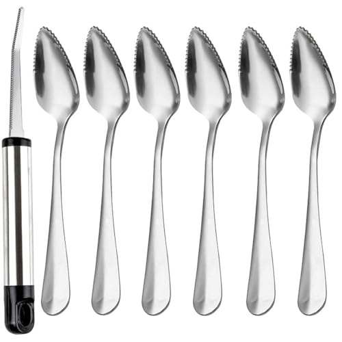 Lista de Cuchillos de postre Top 5. 47 WXJ13 7 cucharas de toronja y cuchillo de toronja, cuchara de postre de toronja de acero inoxidable, utensilios de toronja dentado, herramientas para cítricos, kiwi y postres de...