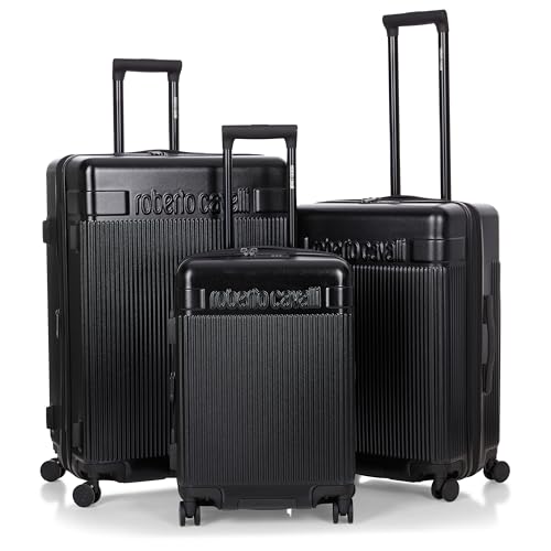 ROBERTO CAVALLI MILANO Luxury 3 Piece Luggage Set, Expandable Hard Shell Suitcases with 8 Spinner Wheels, Combination Lock Large Suitcase Set for Men and Women -Black