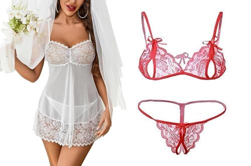 Image of SSoShHub Lace Babydoll Lingerie Sexy Mini Chemise Mesh Wedding Nightie Bridal Nightdress with Bikini