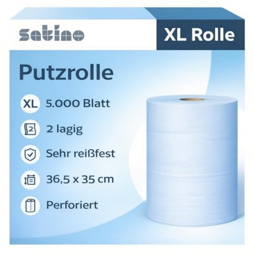 Reinigungstücher – 5.000 Blatt – 5 Rollen - 2-lagig – Blatt: 36,5 x 35 cm – Rolle: Ø 27 cm/Höhe: 36,5 cm - Made in Germany - reißfest, saugstark & ergiebig – blaue Putztücher - Satino