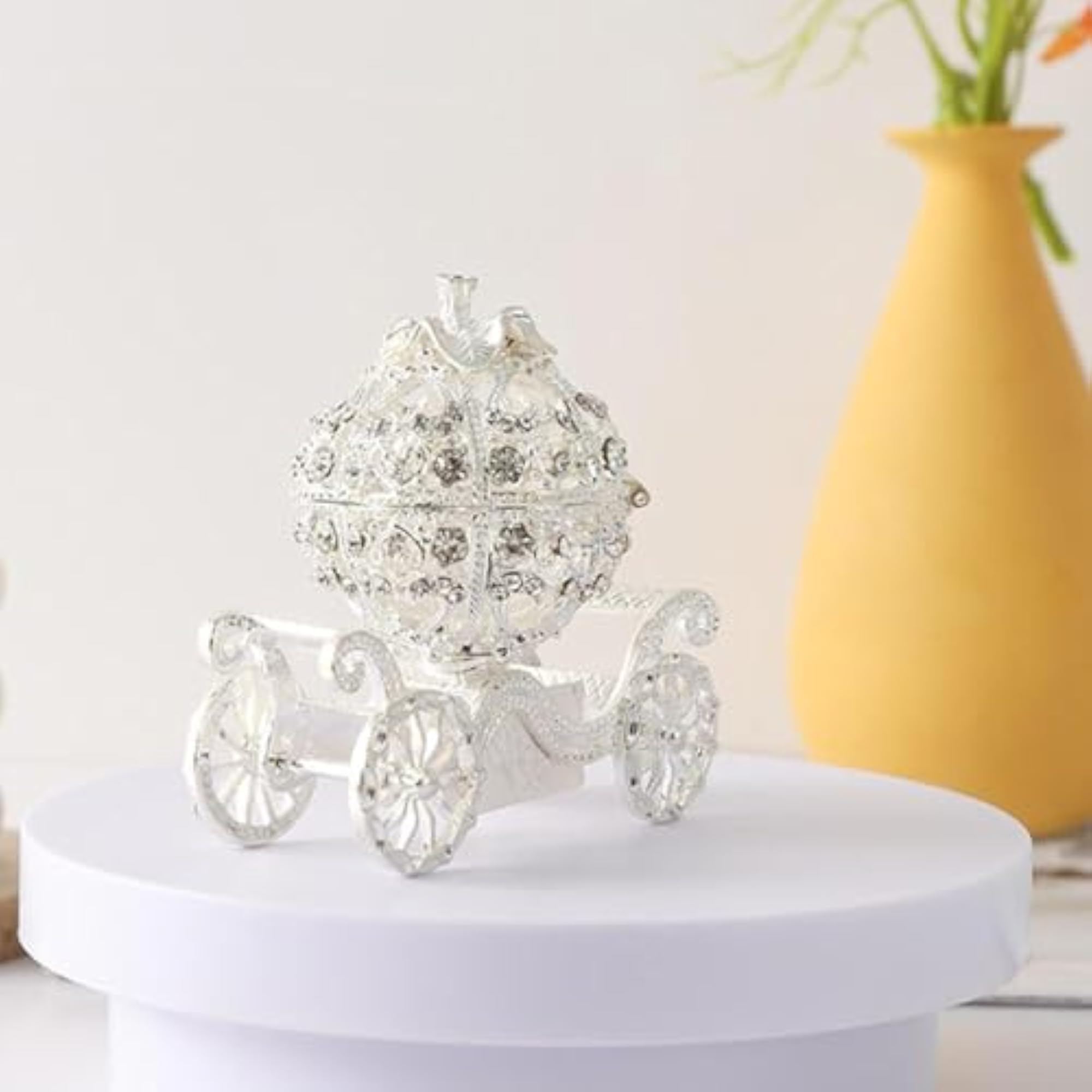 Decorative Enamel Pumpkin Carriage Jewelry Box, Silver