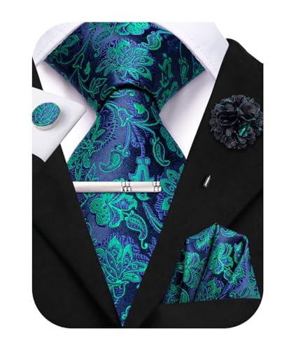 Image of Hi-Tie Floral Jacquard Blue Green Mens Silk Tie Sets Silk Woven Neckties and Pocket Square Lapel Pin Silver Tie Clip Cufflinks Set Wedding Business 6PCS