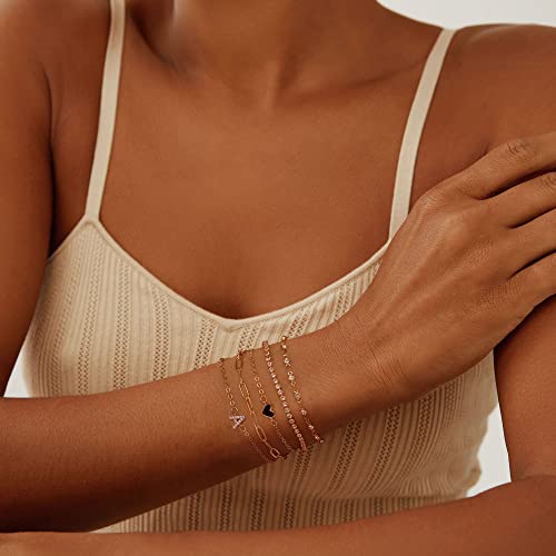 Gold Bracelets Set For Women Girls, Champagne Gold Plated Initial Letter A Bracelets Dainty Adjustable Paperclip Chain Link Bracelets, Layered Metal Link Bracelet Fashion Jewelry Gifts #TOP1