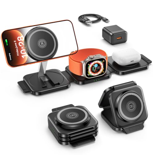 Image of Travel Essentials for Apple Watch Charger,3 in 1 Charging Station for Apple Devices,Foldable Wireless Charging Station for iPhone 17 /16 /15 /14 /13 /12, Apple Watch & AirPods with Magsafe Charger Stand