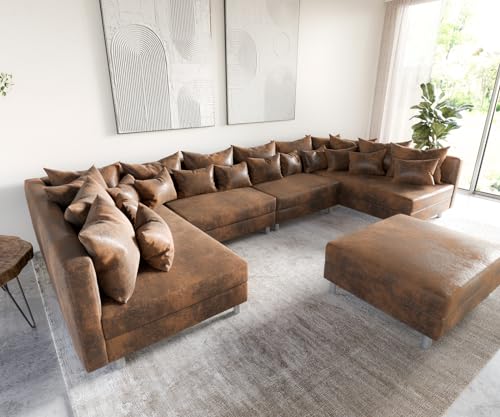 DELIFE Couch Clovis XL Braun Antik Optik mit Hocker Wohnlandschaft Modules Sofa – Bild 3
