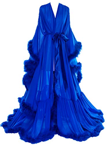 Molisa Womens Sexy Feather Bridal Robe Long Wedding Scarf Illusion Bathrobe Old Hollywood Robe Sleepwear Nightgown Royal Blue XXXL