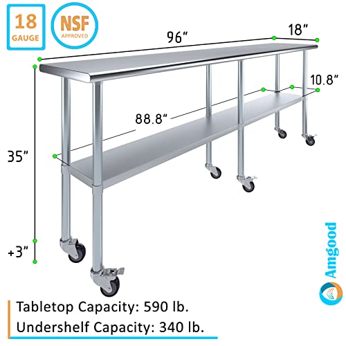 Image of AmGood 96 inch Long x 18 inch Deep Stainless Steel Table with Casters