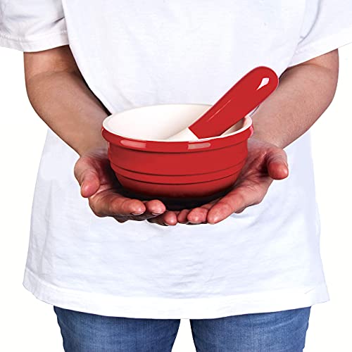Essence- Maison Mortar And Pestle Set- Make Fresh Guacamole, Salsa, Pesto, Stone Grinder Bowl, Herb Crusher, Spice Grinder, Pill Crusher- 5.5In (D) X 3In (H) - 21.5Oz / 610Ml - Salsa Red/Cream #TOP3