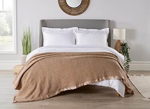 Diana Cowpe Pure 100% Wool Cellular Blanket Lightweight Satin All-Round Edging | Large Adult Size Blanket | Cellular Blanket Double Bed Size 230 x 230cm CAMEL BROWN BLANKET