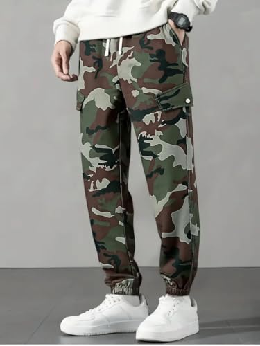 Image of TAGAS Men's Camouflage Cargo Jogger Pants | Cotton Blend Army Print Track Pants | Elastic Waist Slim Fit Casual Trousers with Pockets