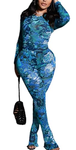Image of acelyn Women Sexy Two Piece Outfits Mesh Printed Bodycon Flared Pants Sets Club Going Out Birthday Outfits