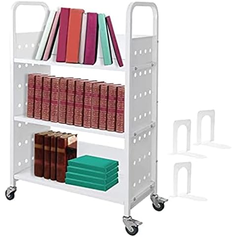 Book Cart, 200 LBS Library Cart, Rolling Book Cart, Single Sided L-Shaped/V-Shaped Sloped Shelves with Lockable Wheels for Home Shelves Office School Book Truck Cover
