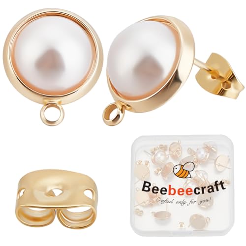 Beebeecraft 1 Box Mit 20 Perlenohrsteckern Runde Ohrstecker Beschläge Aus 18 Karat Vergoldetem Messing Mit Kunstperlen Aus ABS Kunststoff Zur Schmuckherstellung.