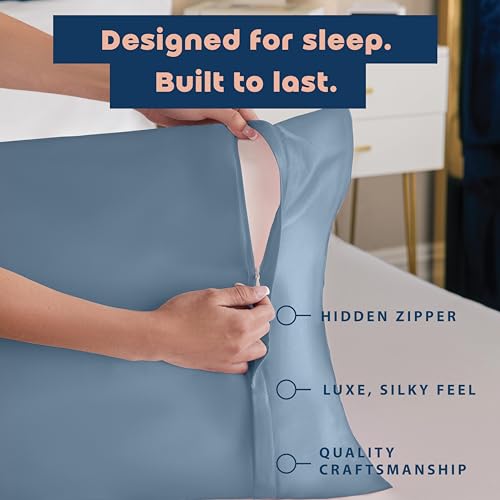 Image of BLISSFORD Satin Pillowcase with Zipper, for Hair and Skin Care, Feels Soft and Cool Like a Silk Pillowcase, Satin Pillow Cases 2 Pack, Slik Pillow Cover, Slate Blue - Standard Size, Set of 2