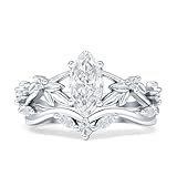 OMRANII Cubic Zirconia Size-8 Art Deco Marquise Shaped Two Piece Vintage Style Leaf Floral Wedding Engagement Ring Solid 925 Sterling Silver