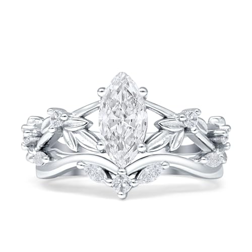 OMRANII Art Deco Marquise Shaped Two Piece Vintage Style Leaf Floral Cubic Zirconia Wedding Engagement Ring Solid 925 Sterling Silver
