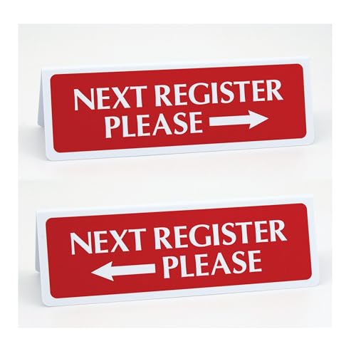 5pk Register Signs, Next Register w/Arrow, Red and White, Double-Sided Checkout Lane Tents, Grocery, Retail, and C-Store Register Signs, 9" x 3"t