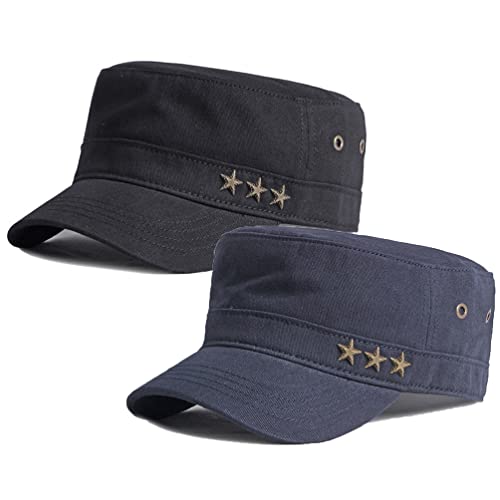 Image of 2 Pack Men's Cotton Military Caps Cadet Army Caps Vintage Flat Top Cap