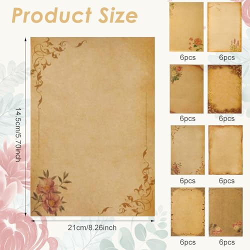 Image of Vintage Letter Writing Paper Sheets, 48 Pcs Floral Decorative Retro Stationery, 8 Designs, Antique Yellowish Craft Papers for Invitations, Scrapbooking, Handmade Notes, Journaling, 8.26x5.7in