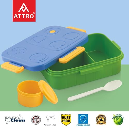 Image of ATTRO TicTac Plastic Lunch Box - 3 Compartment Bento Tiffin, Leak-Proof & Durable, Ideal for Kids, School, Picnic- 1200ml+80ml, Blue Green