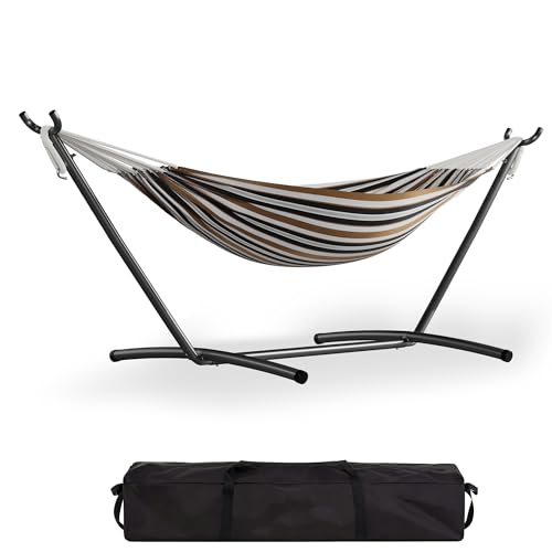 GarveeLife Double 2 Person Hammock, Indoor Outdoor Standing Hammock with Space Saving Steel Stand, Carry Bag, 450 LBS Weight Capacity, Suitable for Ga