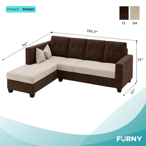 Image of FURNY Nathan 5 Seater L Shape Sofa Set LHS (Dark Brown-Cream) | Suede Velvet Finish | Durable Comfort Sofa for Modern Living Room & Office Spaces