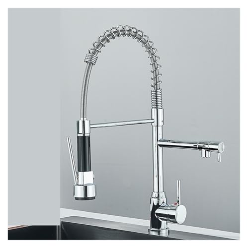 Grifo mezclador cromado con doble salida y caño flexible de cocina