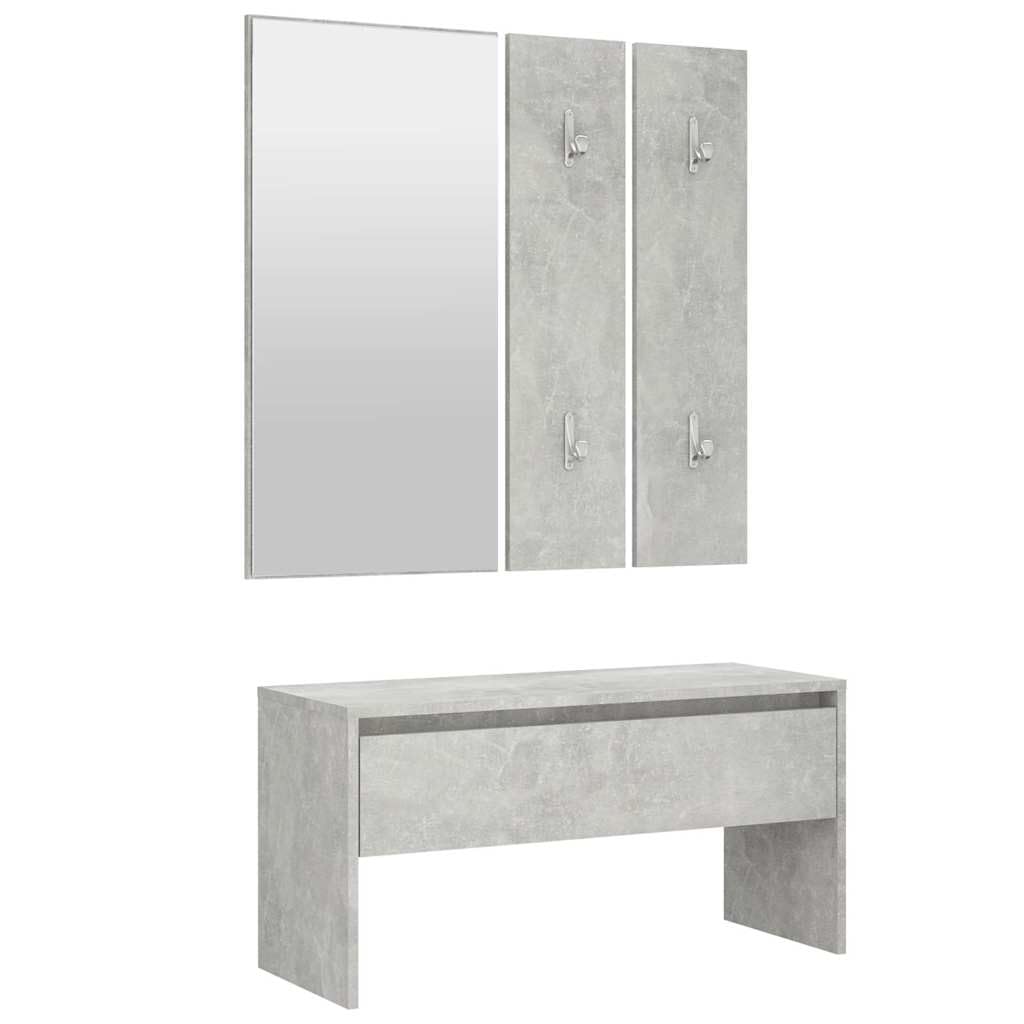 Juego de armario de madera trabajada en gris hormigón con sofá, espejo y
