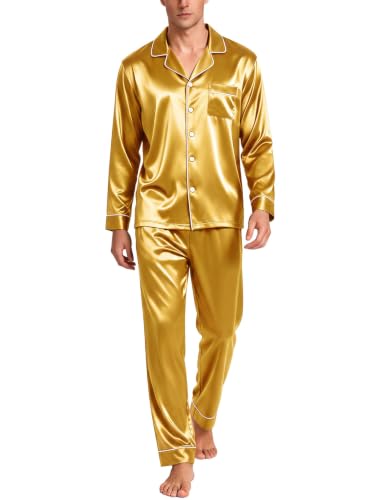 Image of SWOMOG Mens Silk Satin Pajamas Set Long Sleeve Sleepwear Button-Down Pj Two-piece Loungewear with Long Pants S-XXL