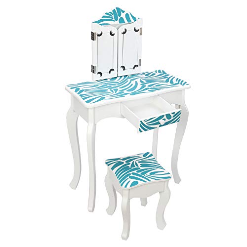 Image of Vanity Set,ShyneeMakeup Dressing Vanity Set Wooden Princess Makeup Table with Cushioned Stool,Drawer,Wooden Legs and Mirror, Make Up Dressing Play Set for Girls (Blue)