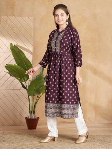 Image of Aarika Girls Ethnic Wear Wine Colour Foil Print Rayon Kurti Pant Set