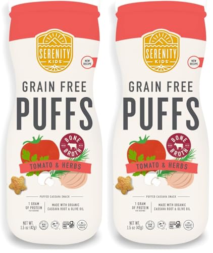Image of Serenity Kids 6+ Months Grain Free Puffs Toddler & Baby Snack | No Added Sugar, Gluten & Rice Free, Allergen Free | Made with Organic Cassava, Veggies, and Herbs | Tomato & Mushroom | 1 Count