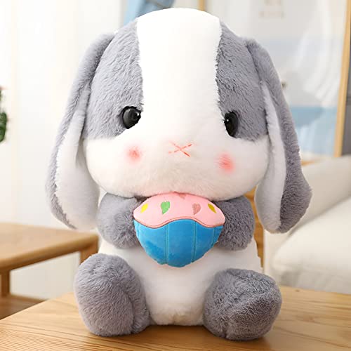 Houpu Soft Toy - Sitting Lop Eared Rabbit, Easter White Rabbit Stuffed Bunny Animal With Carrot Soft Lovely Realistic Long-Eared Standing Pink Plush Toys (Ash White-Cake,8.6In/22Cm) #TOP1