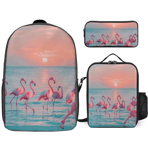 3 Piece Backpack for Women Men Lightweight Causal Daypack Shoulder Bag Set with Insulated Lunch Bag And Pencil Case Organizers Flamingos at Dusk