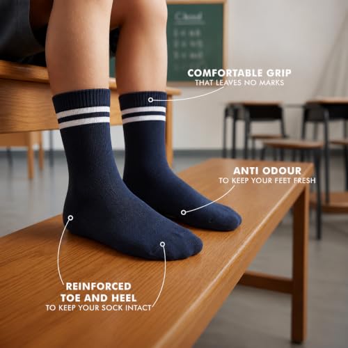 Image of Supersox Regular School Uniform Socks for Kids | Navy Colour-White Stripe | Combed Cotton, Breathable, Moisture Absorbent & Anti Odour | Extra Durable Welt for All-Day Comfort | Pack of 5