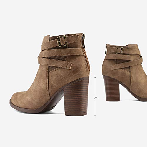 TOETOS Women's Chunky High Heel Ankle Boots Close Toe Fall Heeled Booties Shoes,Size 8.5,Tan,CHICAGO-034