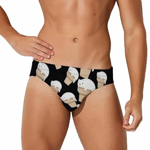 Funny Cat Ice Cream Mens Swim Briefs Bikini Sexy Low Rise Trunks Swimsuit Bathing Suit Beach