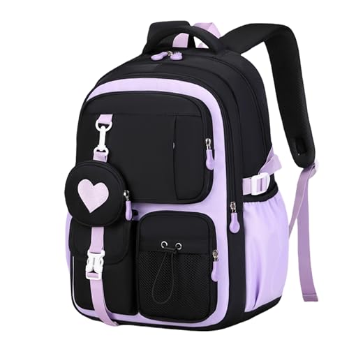 Cute School Backpack for Teen Girls Kawaii Large Waterproof Bookbags for Kids Elementary Middle High School Students Preppy Aesthetic Heart Book Bag (Black Purple)