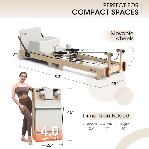 Pilates Reformer, PAETA 92\" Wooden Foldable Pilates Reformer Machine with Springs, Pilates Machines for Home Use and Studio, Pilates Equipment with Sitting Box, Jump Board and Accessories(White) - Thumbnail 6