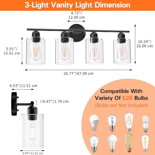 Image of 4 Light Bathroom Vanity Light Fixtures Black,Rustic Farmhouse Vanity Lighting Over Mirror Modern Industrial Lamp with Cylinder Glass Shade UL Certified