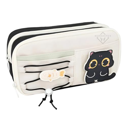Image of Invite Large Capacity Cute Aesthetic Pencil Case with Multi Compartments, Multi-Pocket Pastel Pen Pouch Organizer with Zipper, Kawaii School Supplies Bag for Girls, Teens & Students (Black Cat)